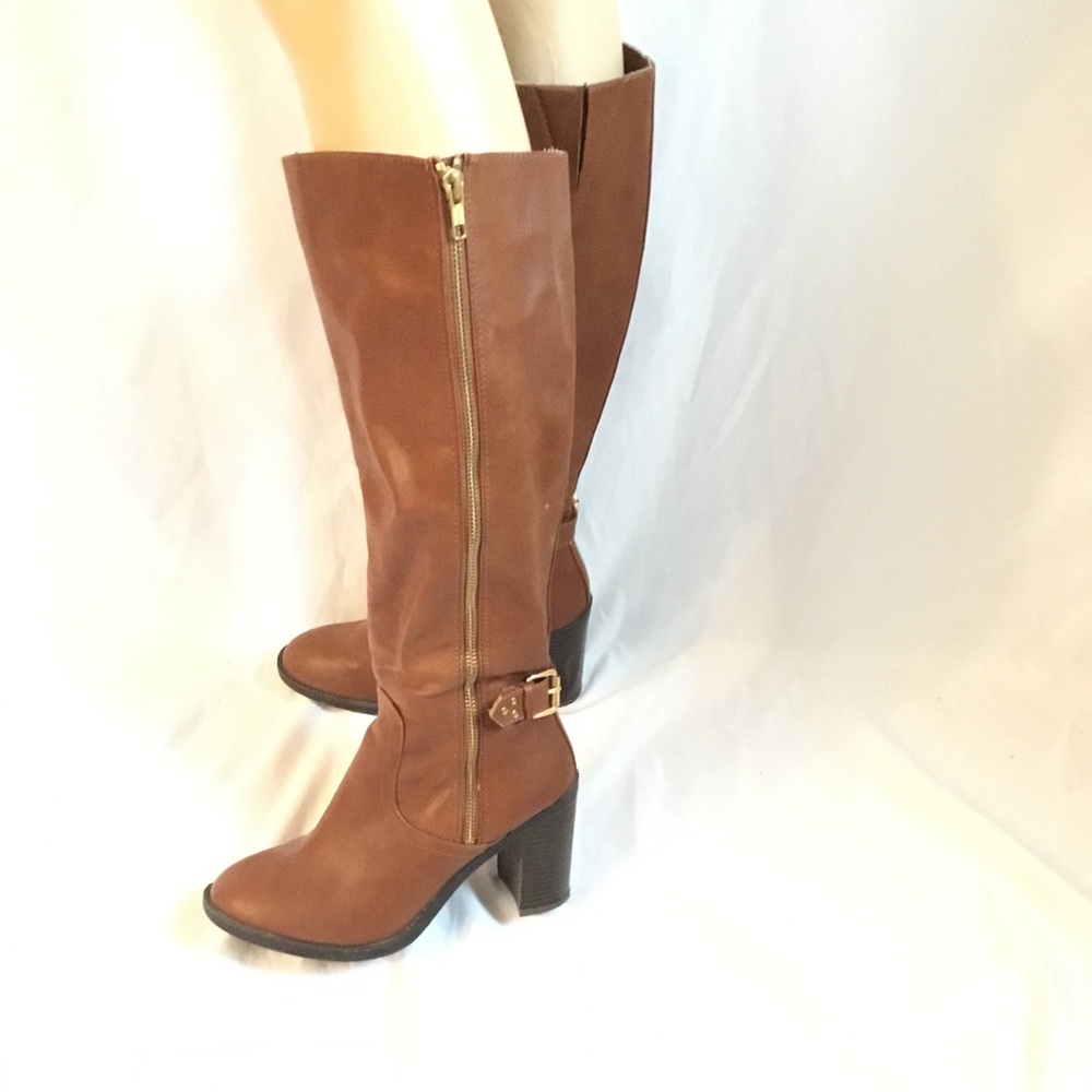 LC Lauren Conrad Brown Heeled Faux Leather Boots with Buckle Detail EUC